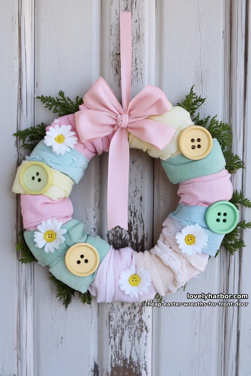 twisted fabric scrap wreath with pastel buttons 1