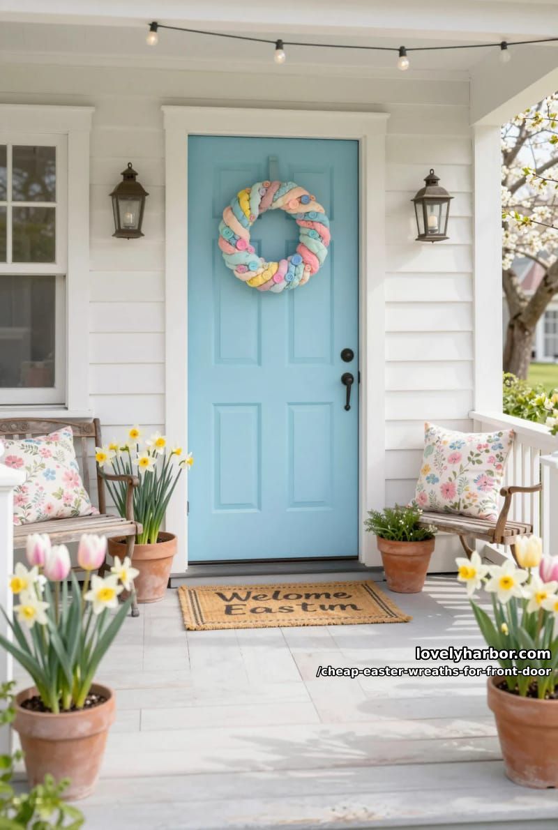 twisted fabric scrap wreath with pastel buttons 1