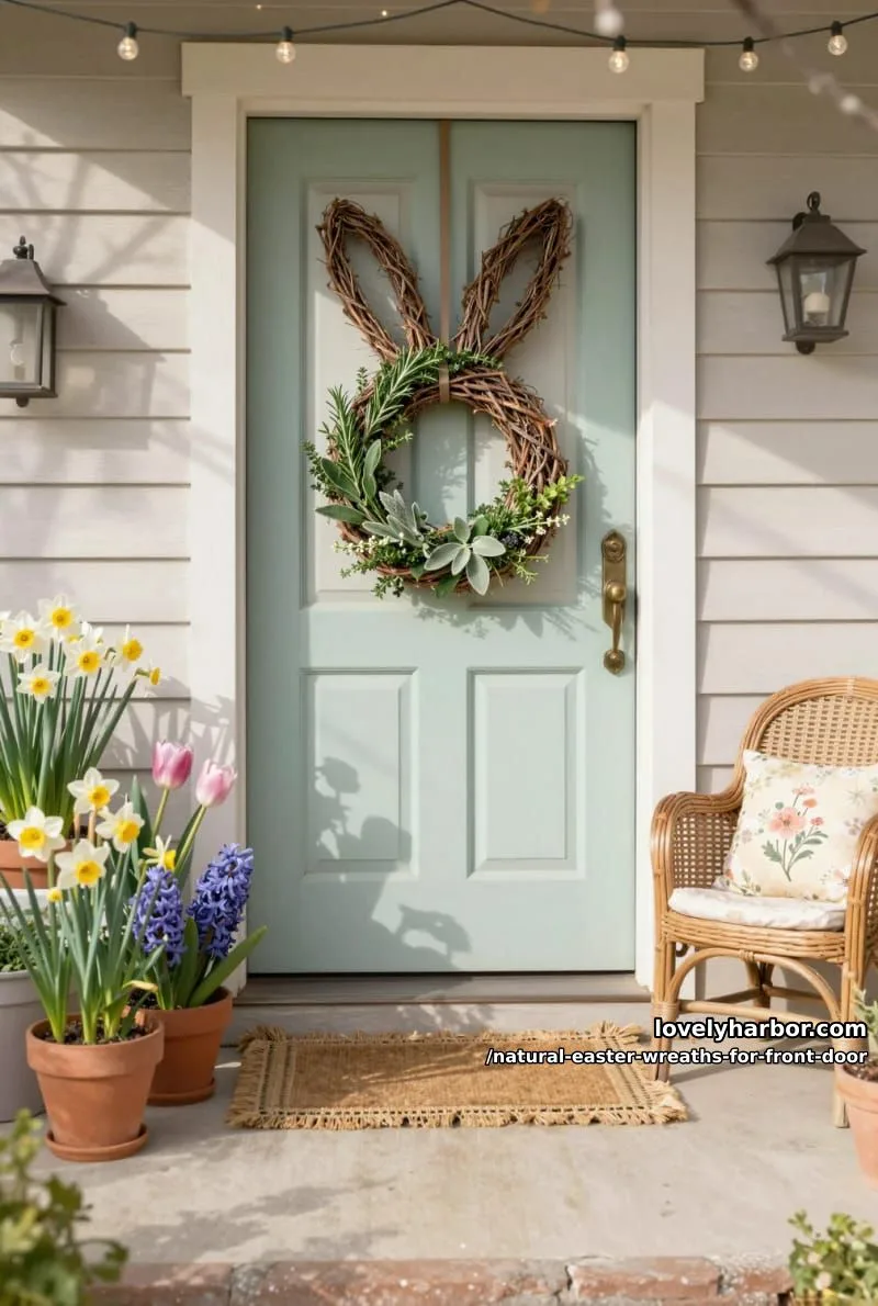 twisted grapevine bunny-shaped wreath with fresh garden herbs 1
