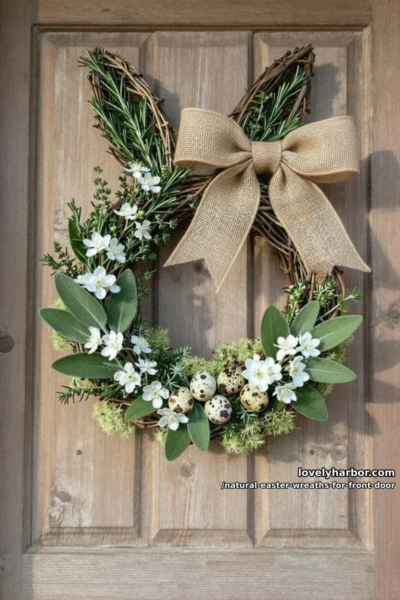 twisted grapevine bunny-shaped wreath with fresh garden herbs 1