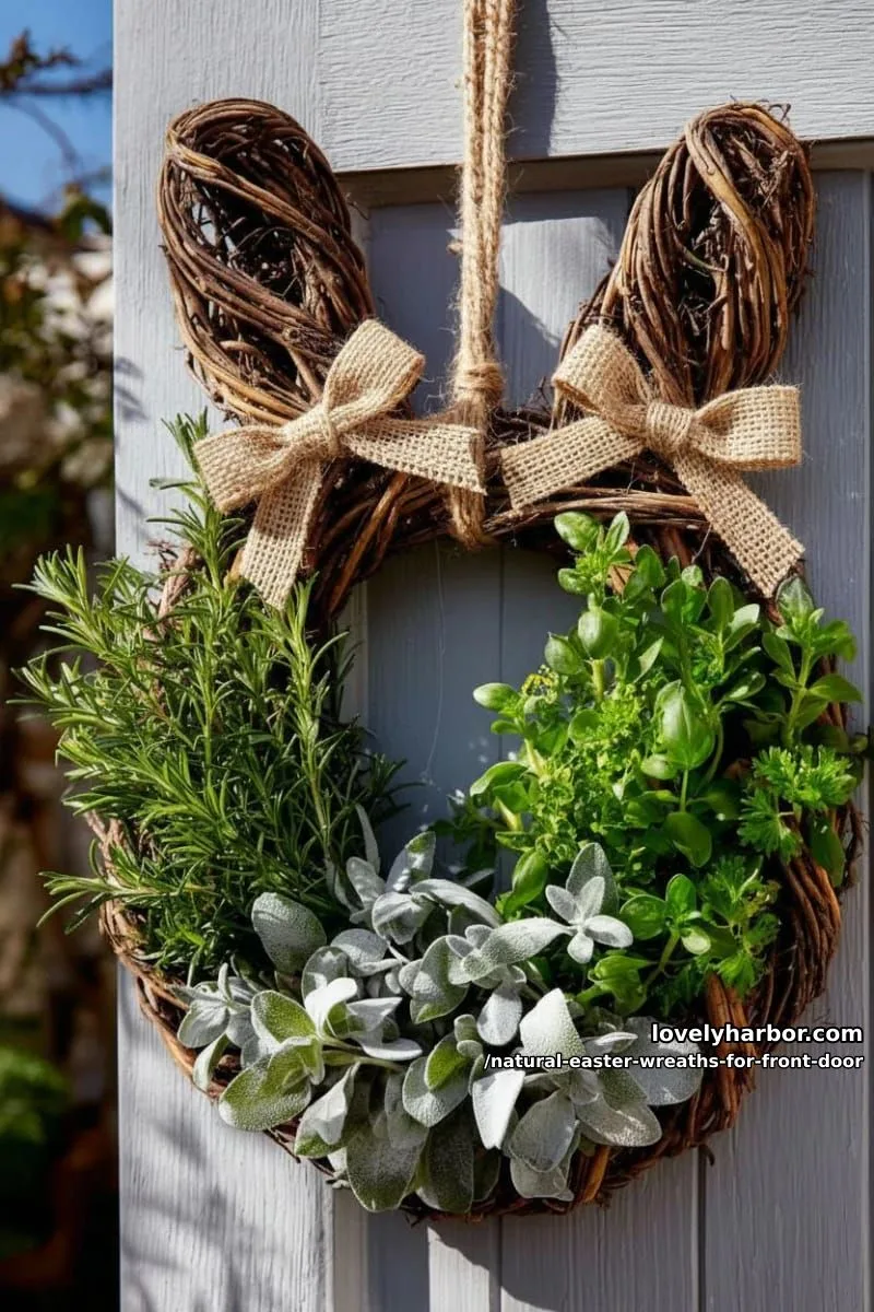twisted grapevine bunny-shaped wreath with fresh garden herbs 1
