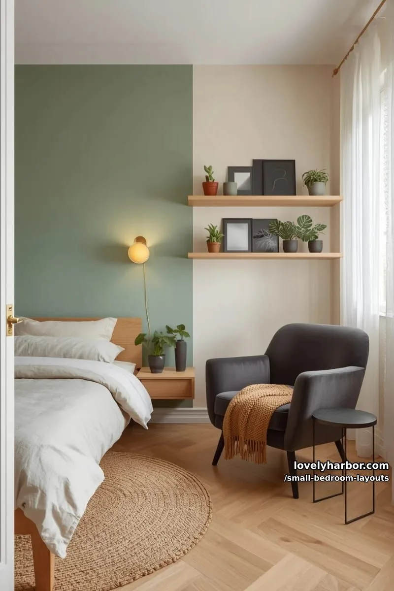 two-tone painted accent wall to separate sleeping and lounging zones 1