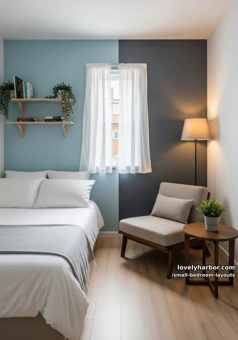 two-tone painted accent wall to separate sleeping and lounging zones 1