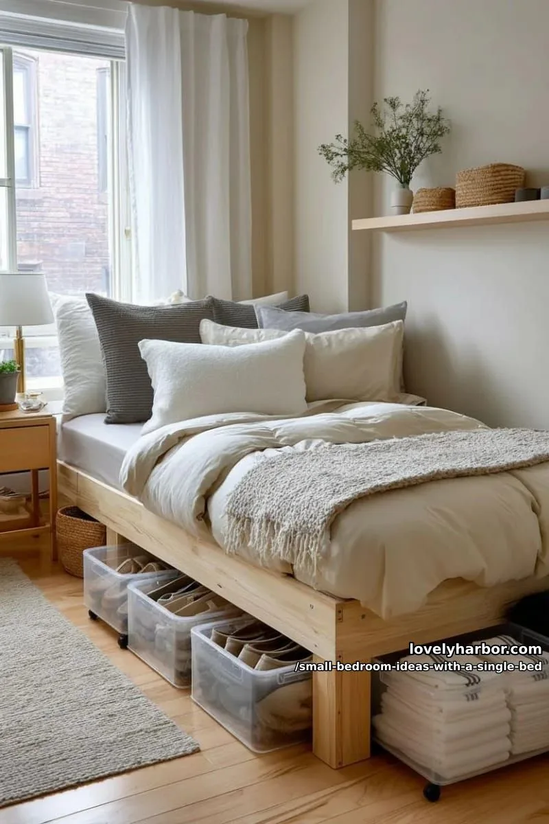 under-bed rolling bins for shoes and seasonal storage, styled with neutral linens. 1