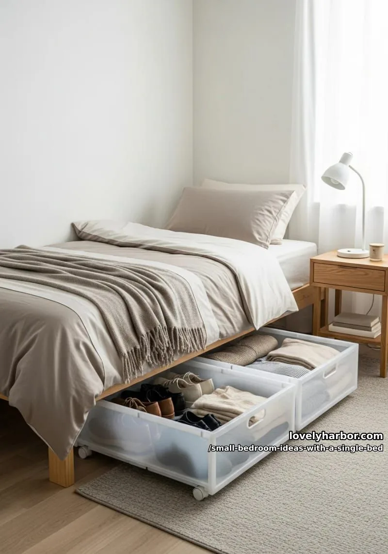 under-bed rolling bins for shoes and seasonal storage, styled with neutral linens. 1