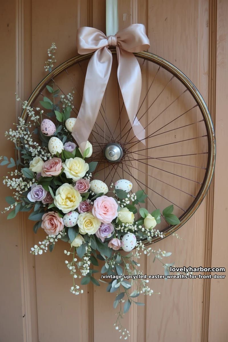 upcycled bicycle wheel adorned with faux spring florals and soft easter pastels 1