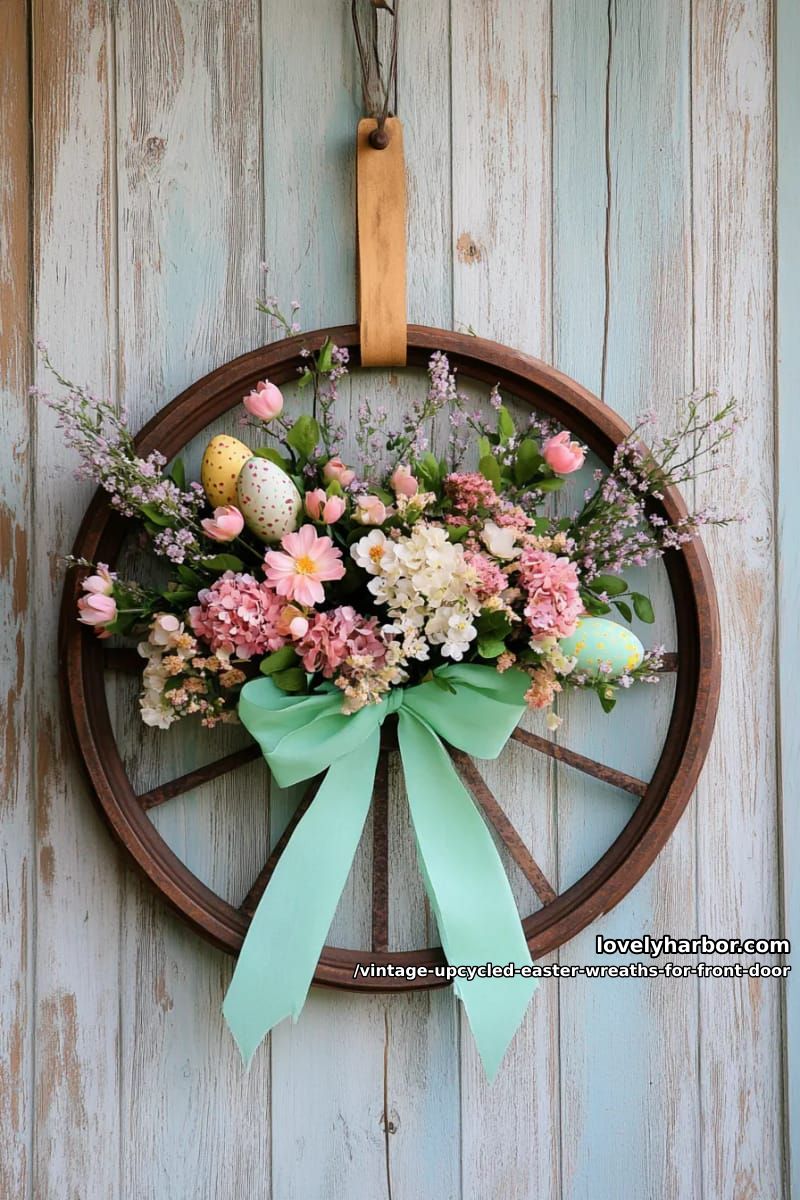 upcycled bicycle wheel adorned with faux spring florals and soft easter pastels 1