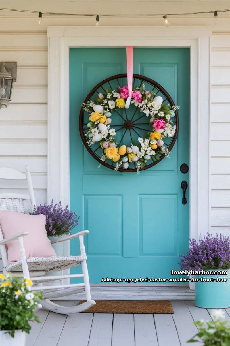 upcycled bicycle wheel adorned with faux spring florals and soft easter pastels 1