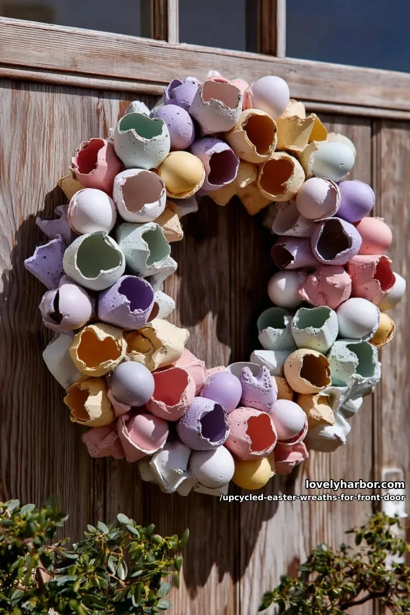 15 Upcycled Easter Wreaths For Front Door That Bring Colorful Spring Vibes 20 upcycled egg carton wreath painted in soft ombré easter colors 1