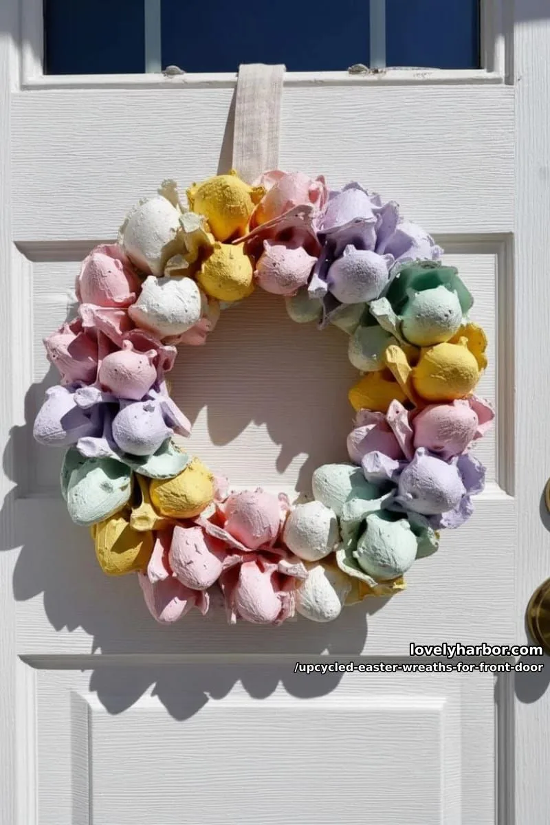 15 Upcycled Easter Wreaths For Front Door That Bring Colorful Spring Vibes 21 upcycled egg carton wreath painted in soft ombré easter colors 1