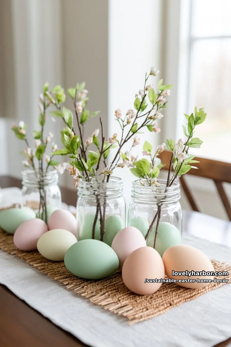 upcycled glass jar vases with spring branches and pastel-painted eggs 1