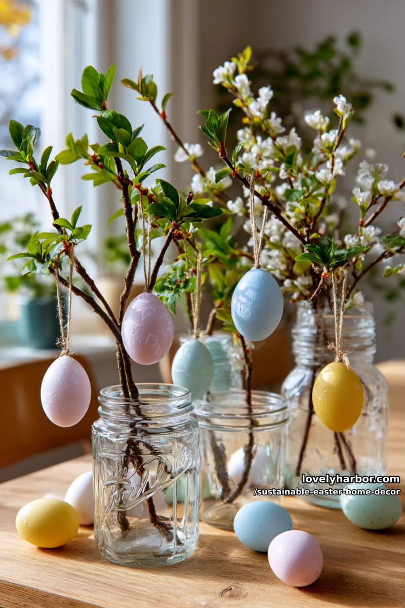 upcycled glass jar vases with spring branches and pastel-painted eggs 1