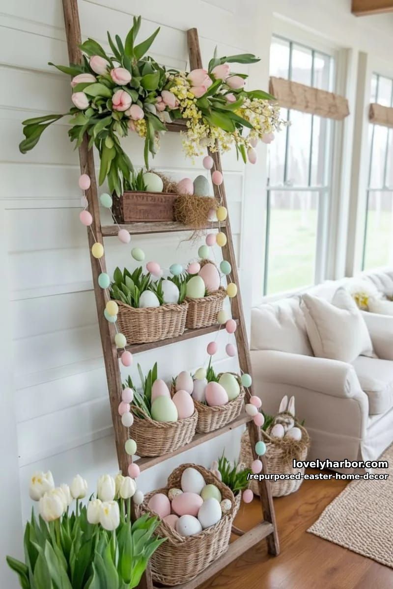upcycled ladder display draped with egg garlands and spring florals 1