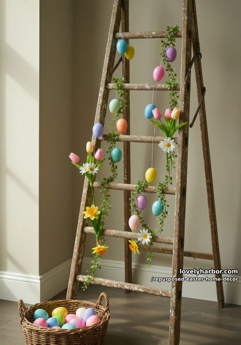 upcycled ladder display draped with egg garlands and spring florals 1