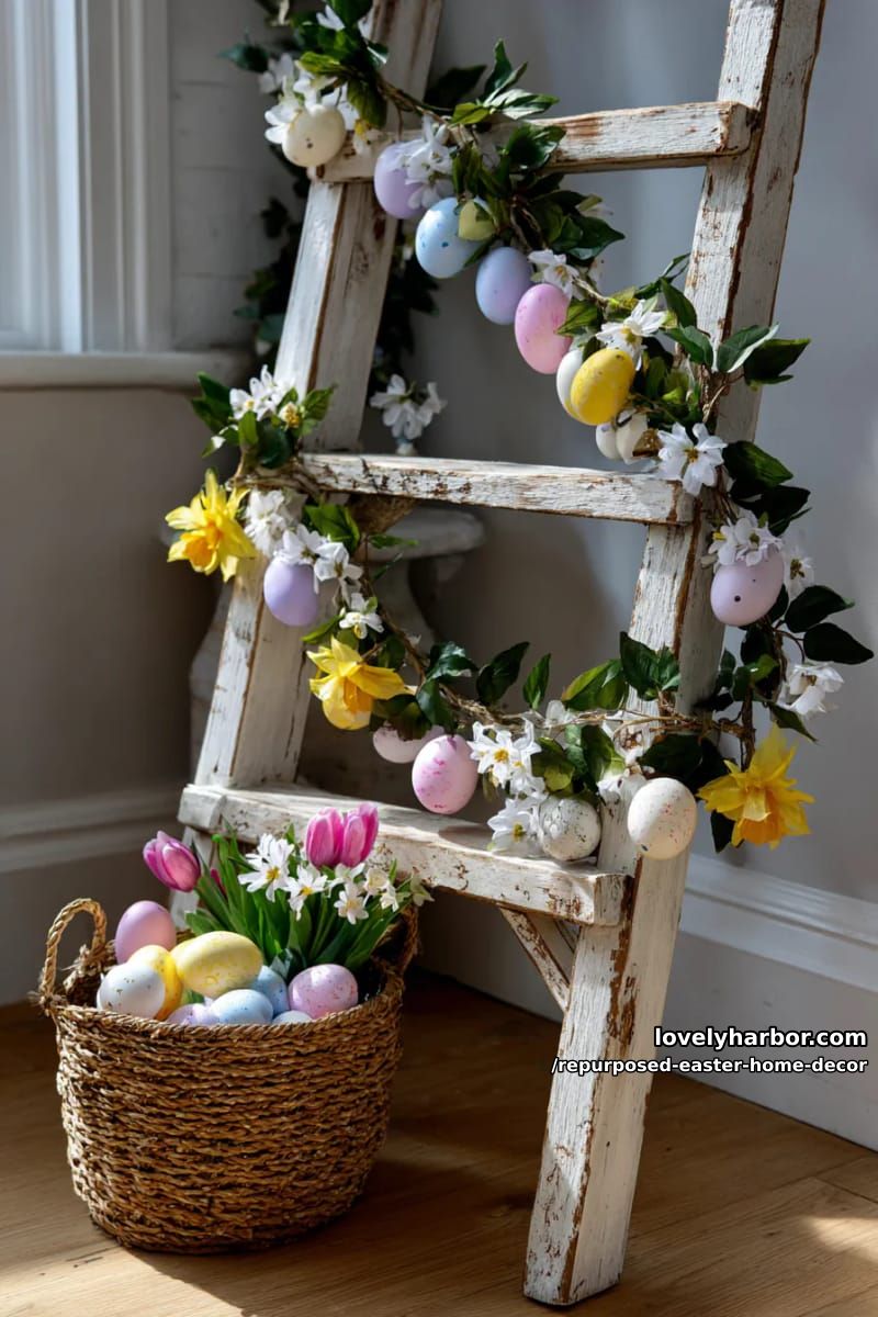 upcycled ladder display draped with egg garlands and spring florals 1