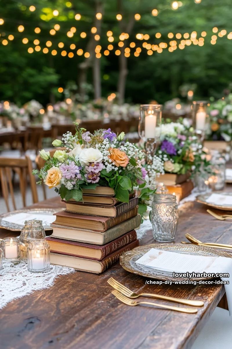 upcycled old books stacked for vintage-inspired centerpiece height 1
