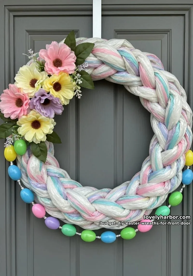 upcycled plastic bag wreath with floral accents and dollar store egg garland 1