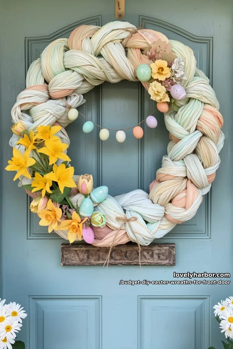 upcycled plastic bag wreath with floral accents and dollar store egg garland 1