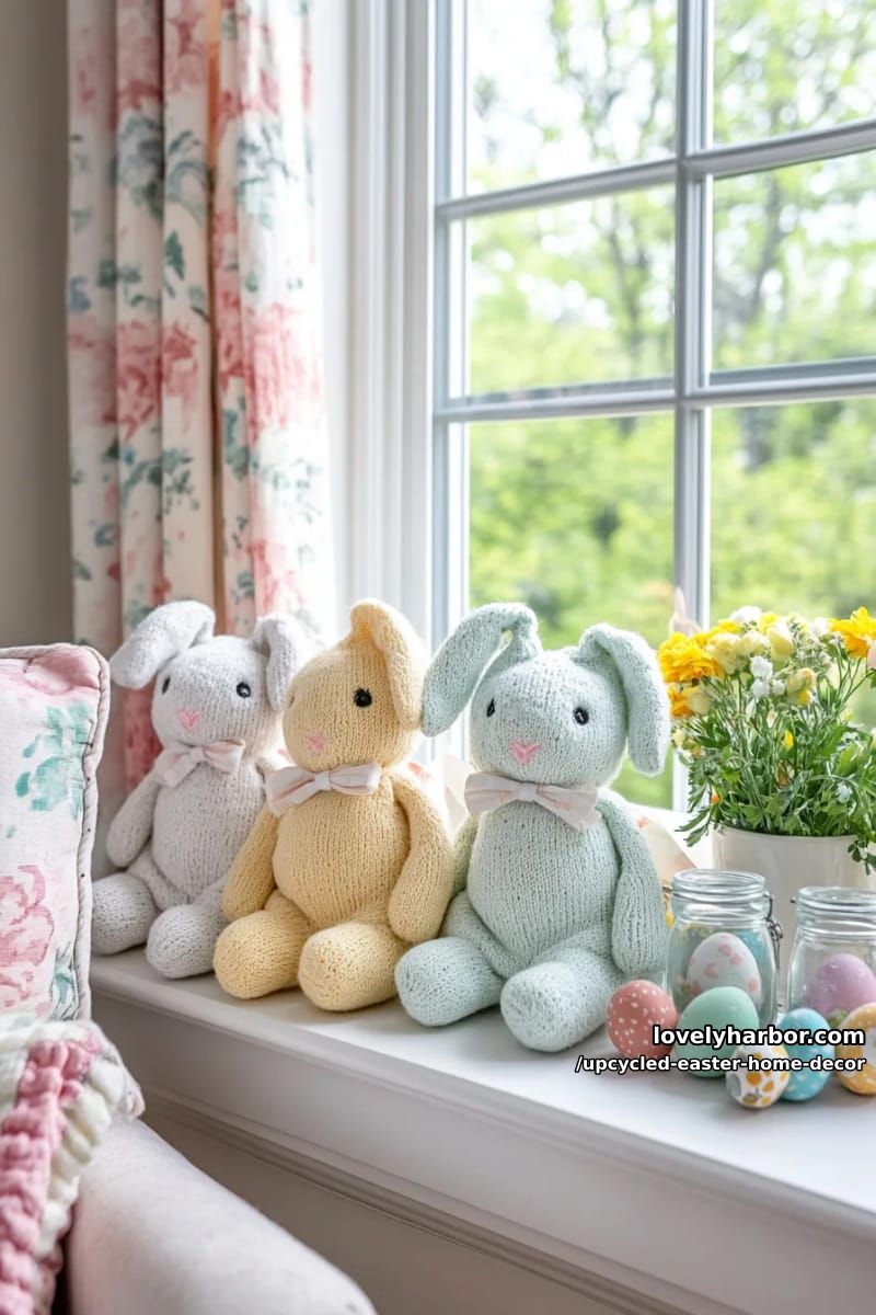 upcycled sweater bunny plushies sitting on the windowsill 1