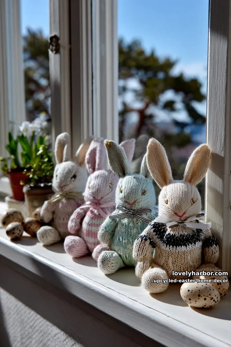 15 Upcycled Easter Home Decor That Give Old Treasures New Life 20 upcycled sweater bunny plushies sitting on the windowsill 1
