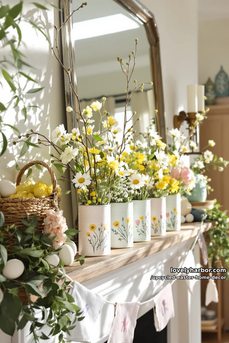 upcycled tin can vases painted with spring florals for the mantel 1