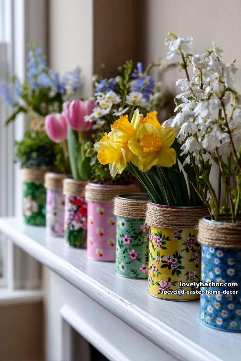 upcycled tin can vases painted with spring florals for the mantel 1