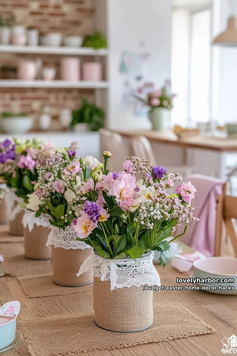 upcycled tin cans wrapped in burlap and lace for rustic vases 1