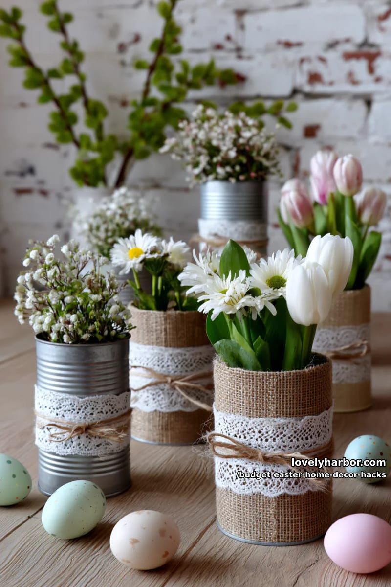 upcycled tin cans wrapped in burlap and lace for rustic vases 1