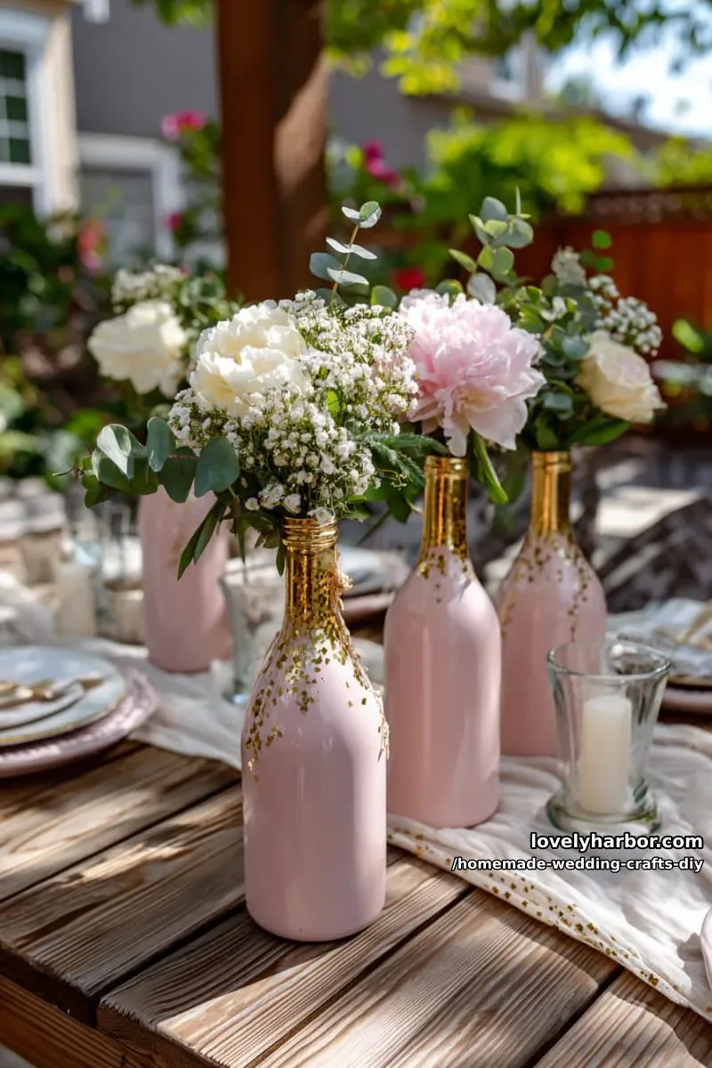 19 Homemade Wedding Crafts DIY To Wow Your Guests 20 upcycled wine bottle vases painted in soft blush and gold hues 1