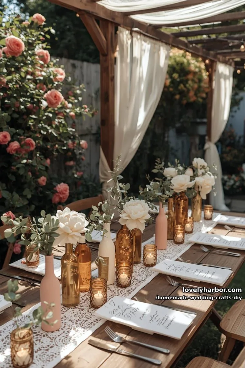19 Homemade Wedding Crafts DIY To Wow Your Guests 21 upcycled wine bottle vases painted in soft blush and gold hues 1