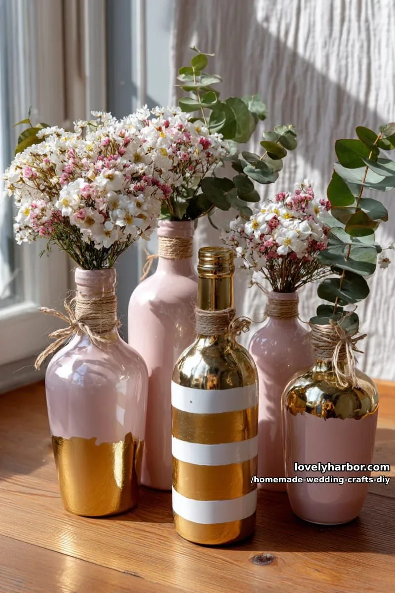 19 Homemade Wedding Crafts DIY To Wow Your Guests 22 upcycled wine bottle vases painted in soft blush and gold hues 1