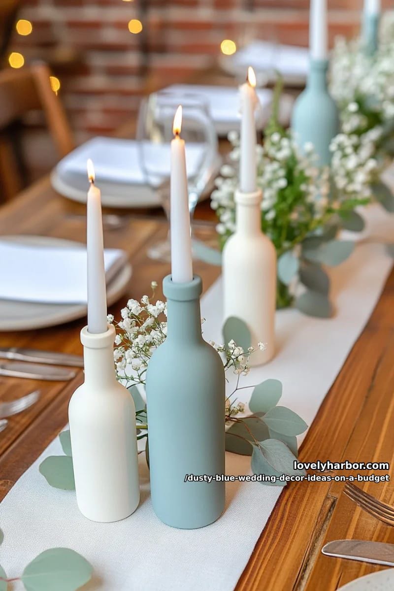 upcycled wine bottles spray painted blue for taper candle holders 1