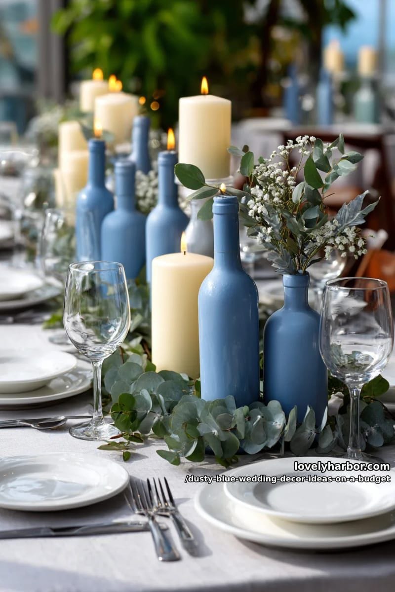 upcycled wine bottles spray painted blue for taper candle holders 1