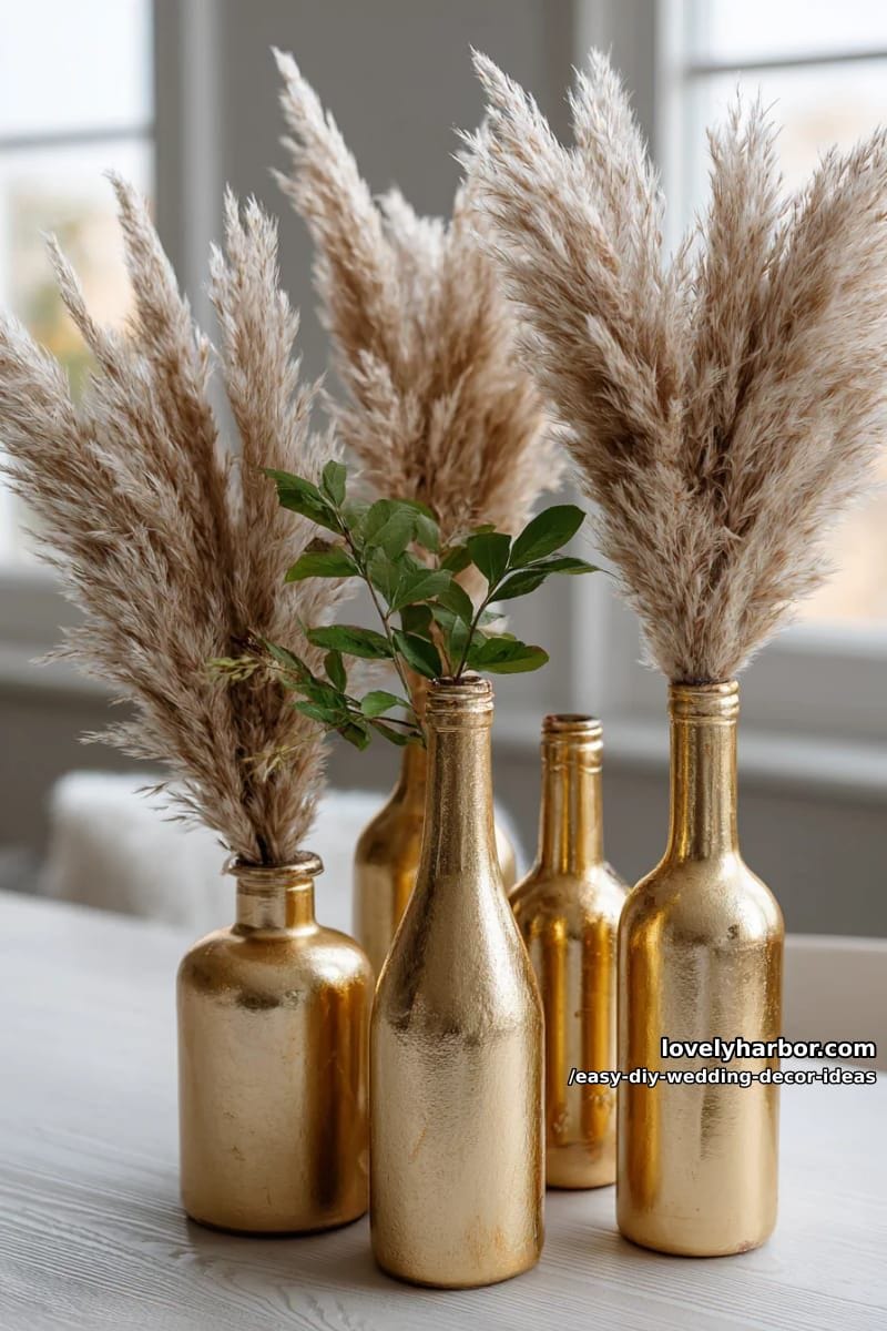 upcycled wine bottles spray-painted gold and filled with pampas grass 1