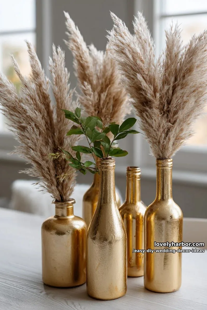 15 Easy DIY Wedding Decor Ideas for a Chic Wedding Set 24 upcycled wine bottles spray-painted gold and filled with pampas grass 1