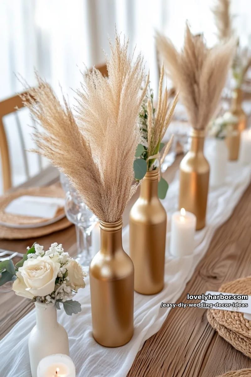 upcycled wine bottles spray-painted gold and filled with pampas grass 1