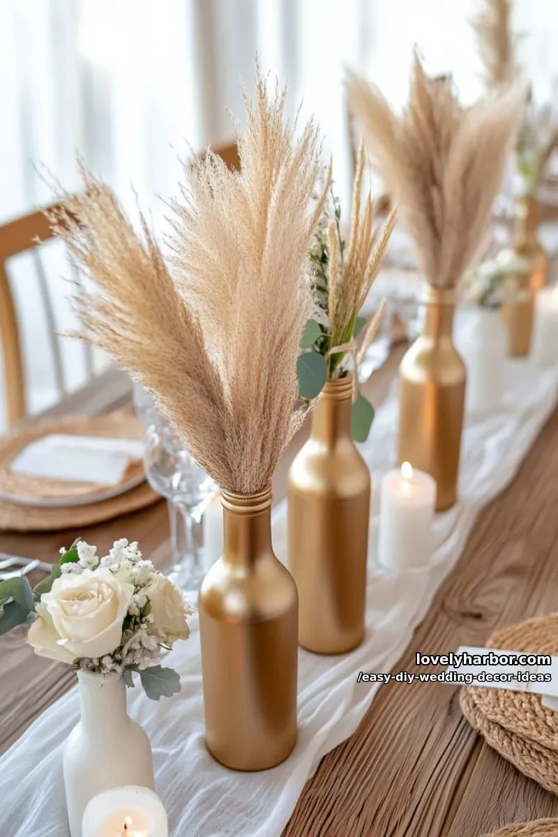 15 Easy DIY Wedding Decor Ideas for a Chic Wedding Set 25 upcycled wine bottles spray-painted gold and filled with pampas grass 1