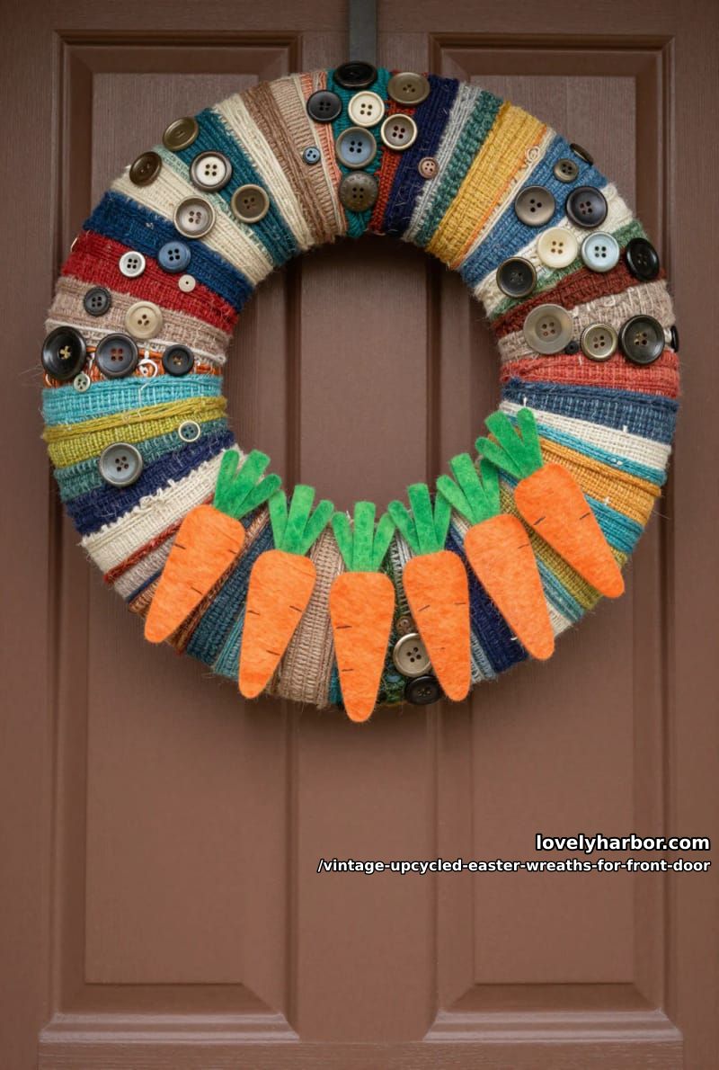 upcycled yarn-wrapped wreath embellished with antique buttons and felt carrots 1