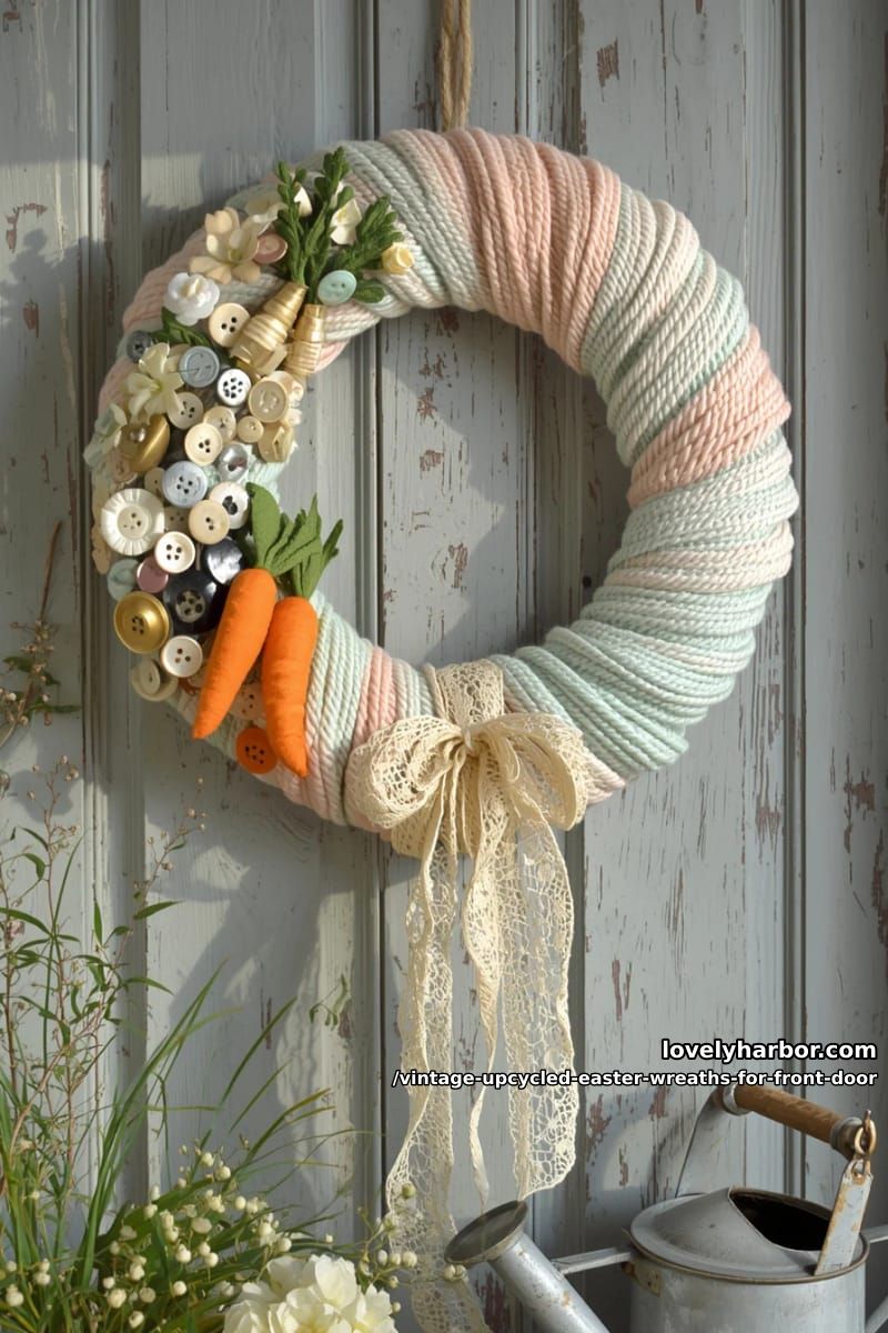 upcycled yarn-wrapped wreath embellished with antique buttons and felt carrots 1
