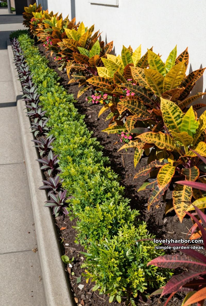 urban garden bed with striped, green, and variegated plants in rows 1