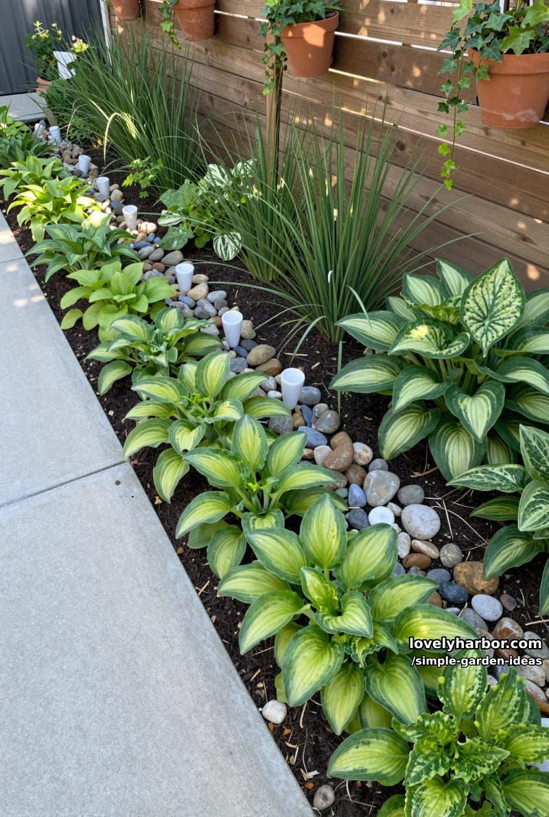 urban garden bed with striped, green, and variegated plants in rows 1