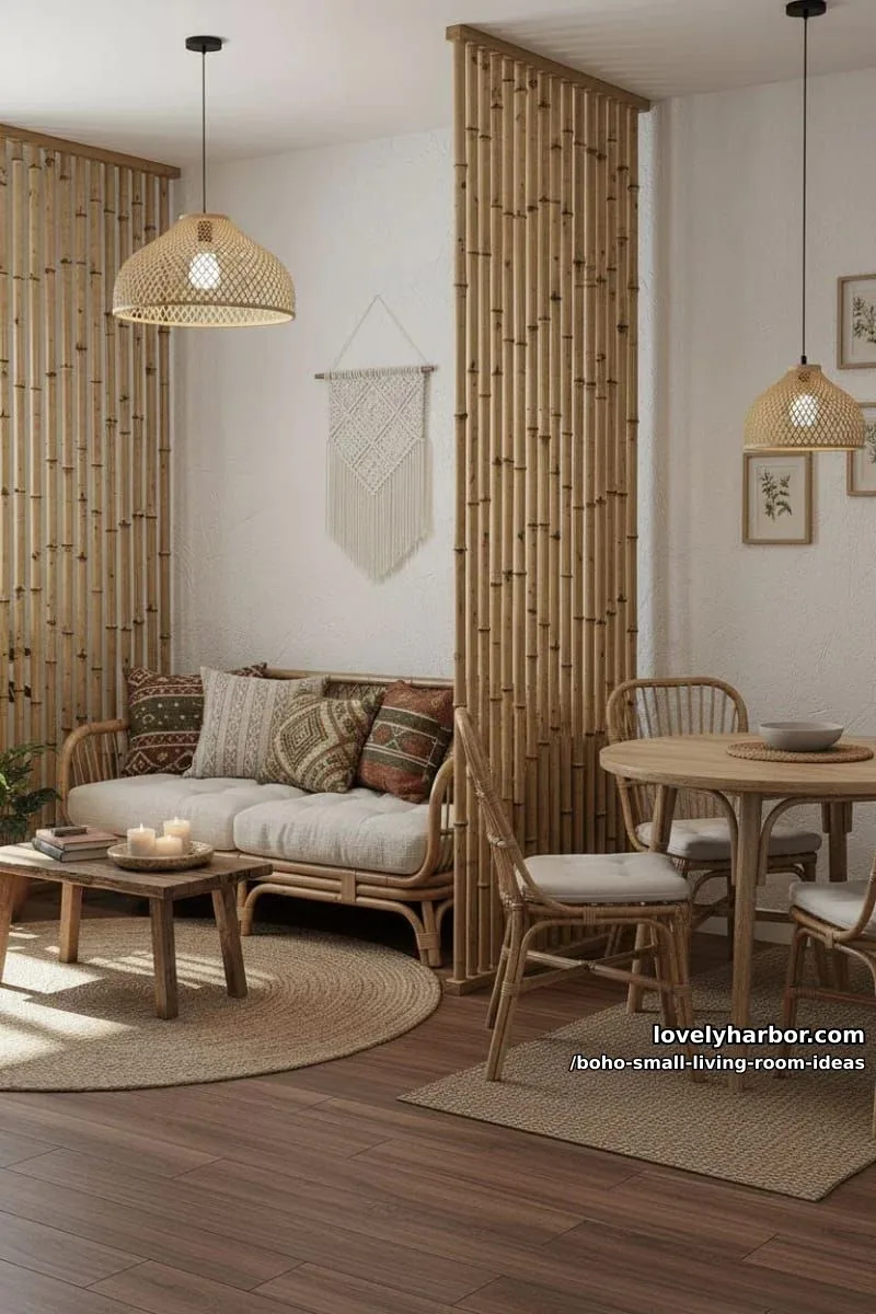 15 Boho Small Living Rooms Ideas That Turn Tiny Spaces Into Cozy Sanctuaries 14 use a bamboo room divider to create a distinct lounging corner. 1