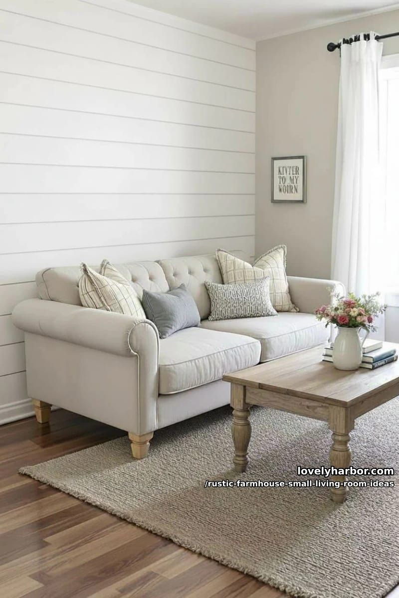 use a shiplap accent wall behind a tufted oatmeal-colored loveseat 1