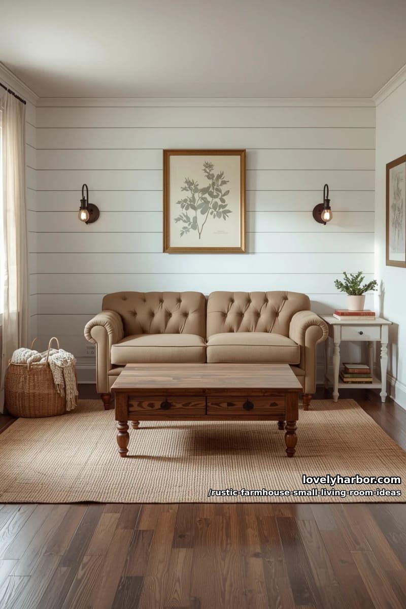 use a shiplap accent wall behind a tufted oatmeal-colored loveseat 1