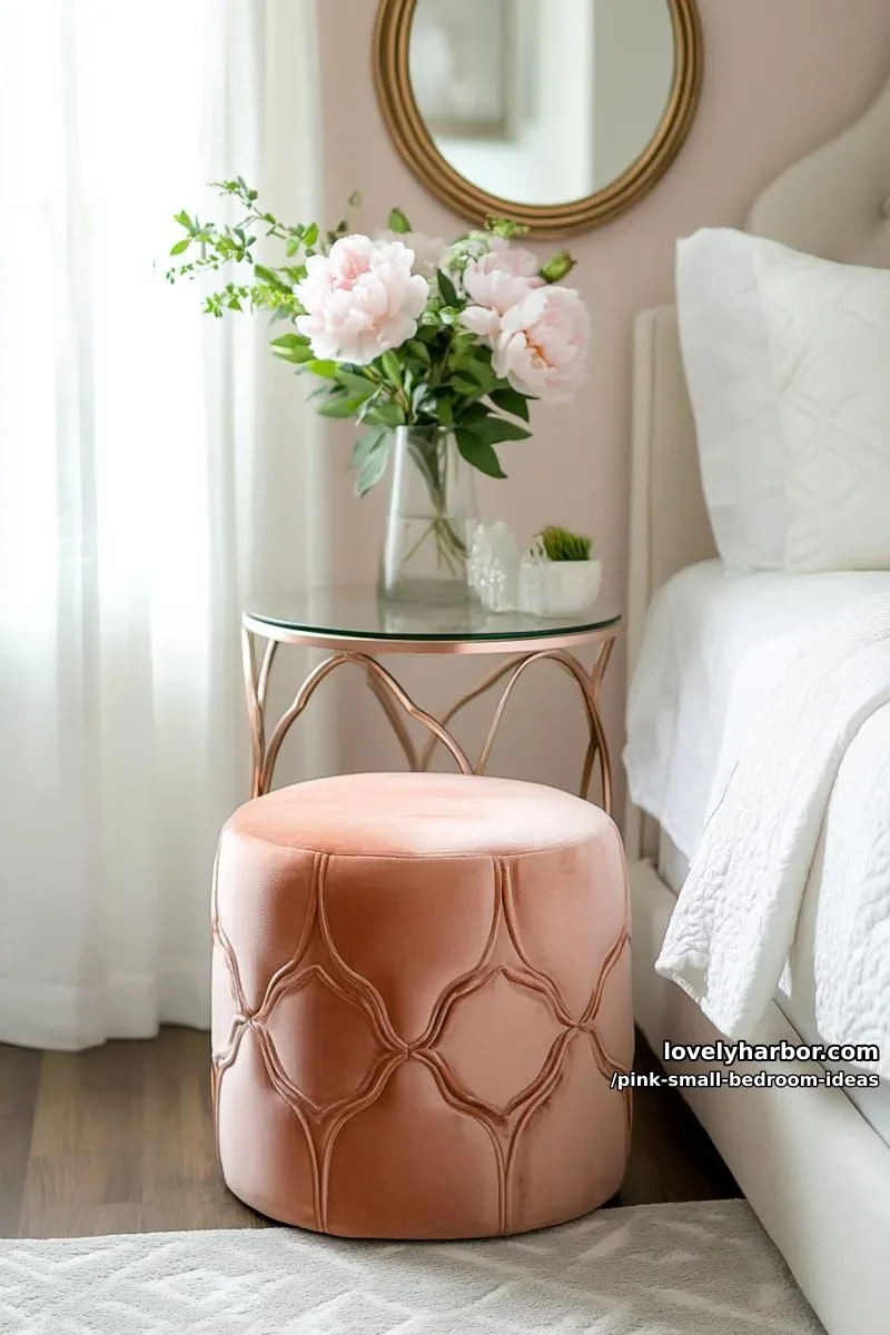 21 Pink Small Bedrooms Ideas You'll Love 12 velvet pink pouf ottoman next to a rose gold bedside table 1
