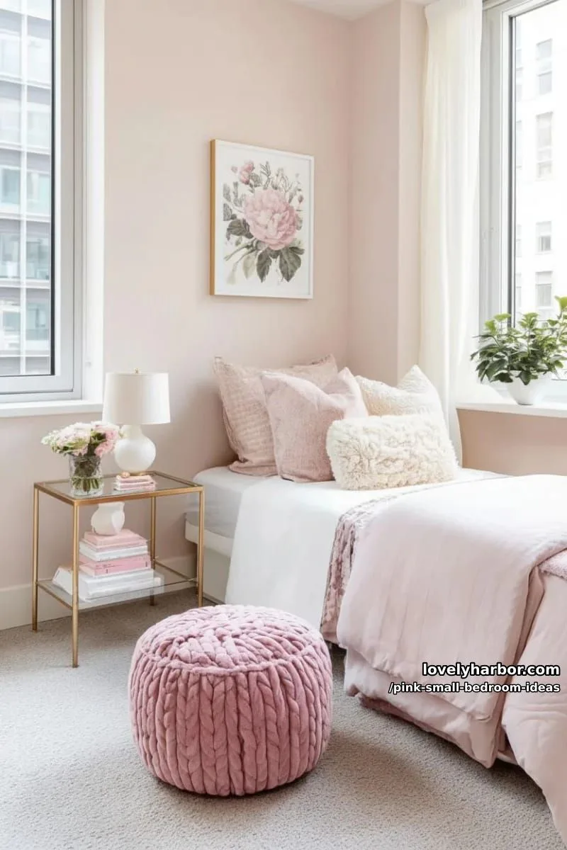 21 Pink Small Bedrooms Ideas You'll Love 14 velvet pink pouf ottoman next to a rose gold bedside table 1