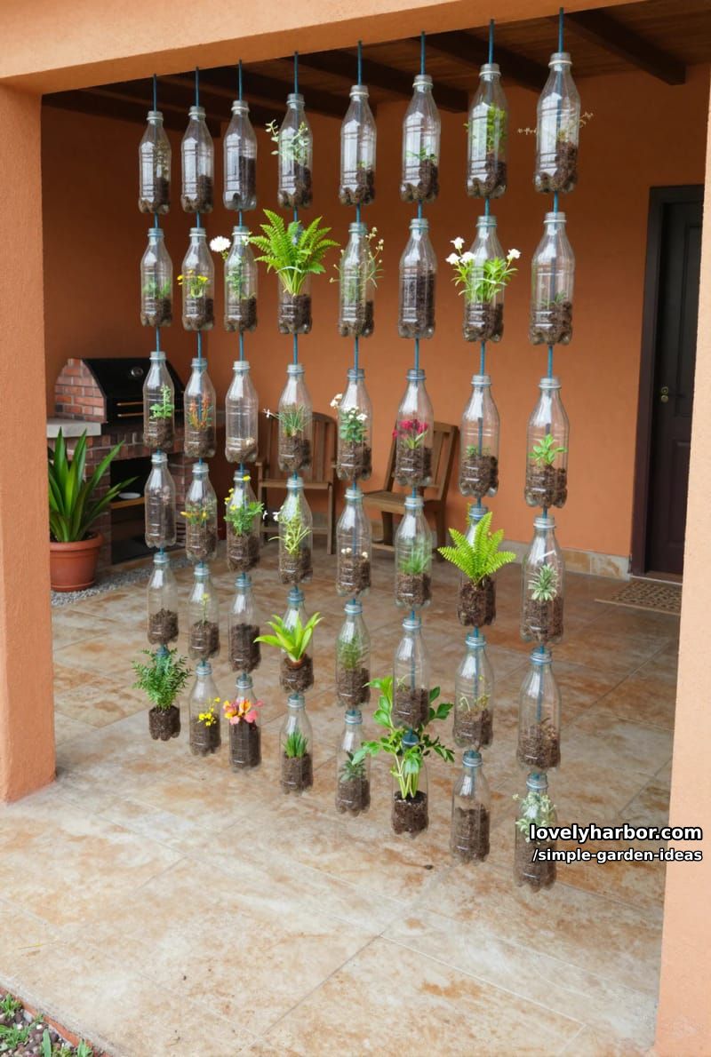 vertical garden on patio made from recycled plastic bottles 1