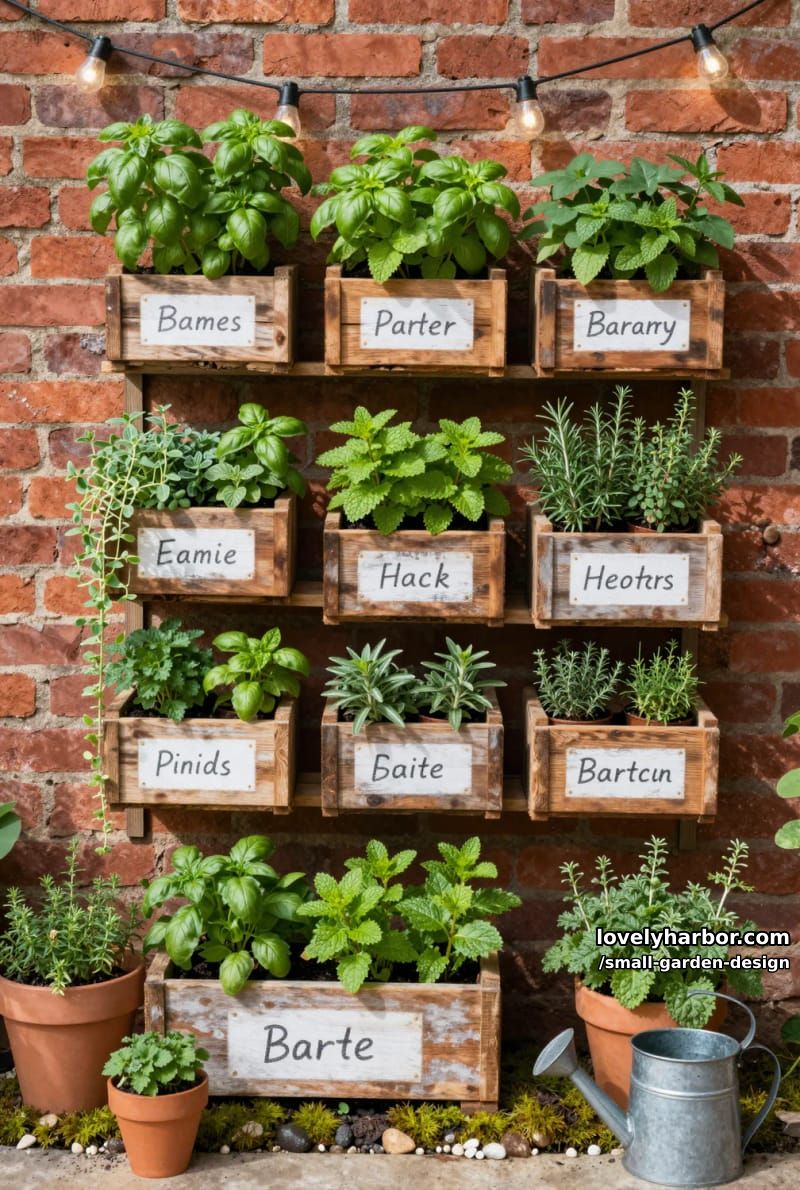 vertical herb garden on brick wall with labeled wooden crates and vibrant herbs. 1