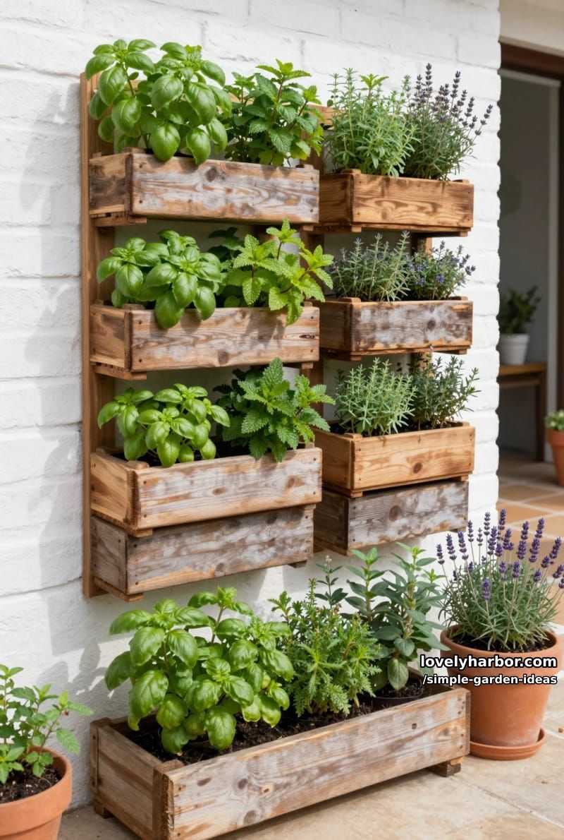 vertical herb garden with stacked wooden crates on white brick wall 1