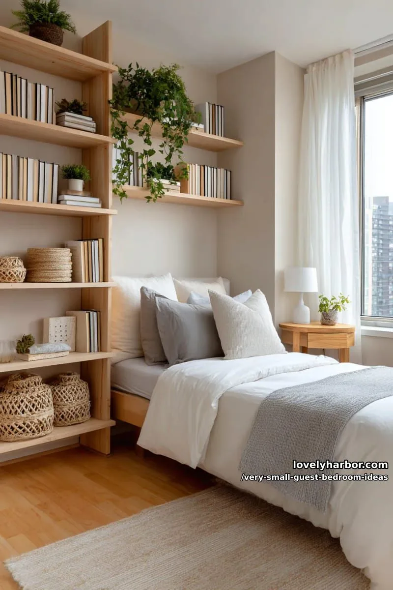 19 Very Small Guest Bedroom Ideas For A Welcoming Retreat 25 vertical shelving system for books, plants, and decorative baskets 1